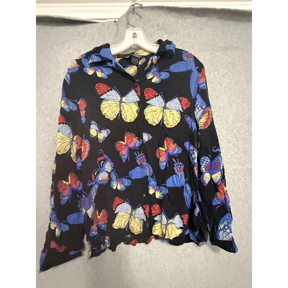 Ann May Blouse Womens 2X Black Multicolor Butterfly Print Silk Button Top Plus